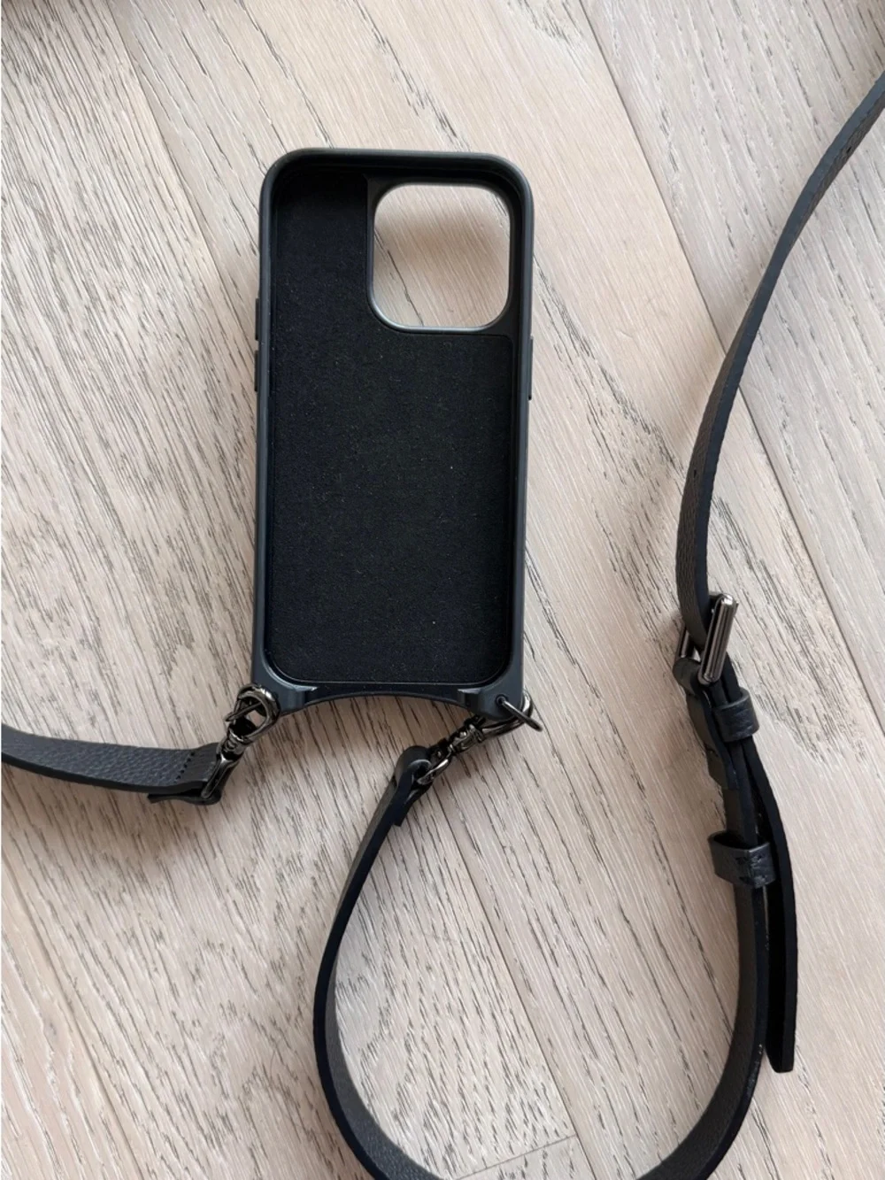 Bandolier Black Leather Crossbody Phone Case with Gold Hardware - Picture 6 of 7